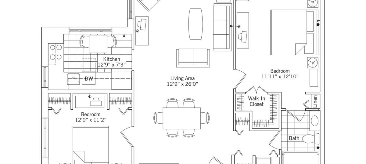 2D floor plan for the Harrison apartment at Brooksby Village Senior Living in Peabody, MA