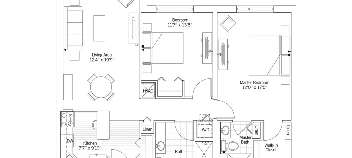 2D floor plan of the Hawthorne apartment at Seabrook Senior Living in Tinton Falls, NJ.