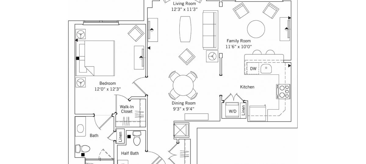 2D floor plan for the Keswick apartment at Linden Ponds Senior Living in Hingham, MA.