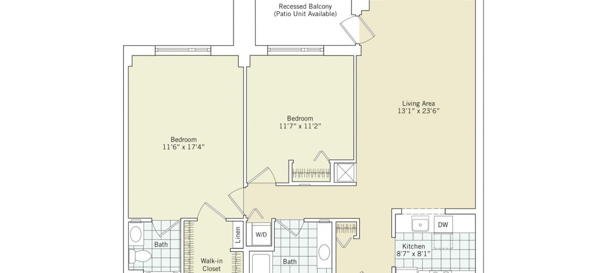 2D floor plan for the Kingston apartment at Brooksby Village Senior Living in Peabody, MA