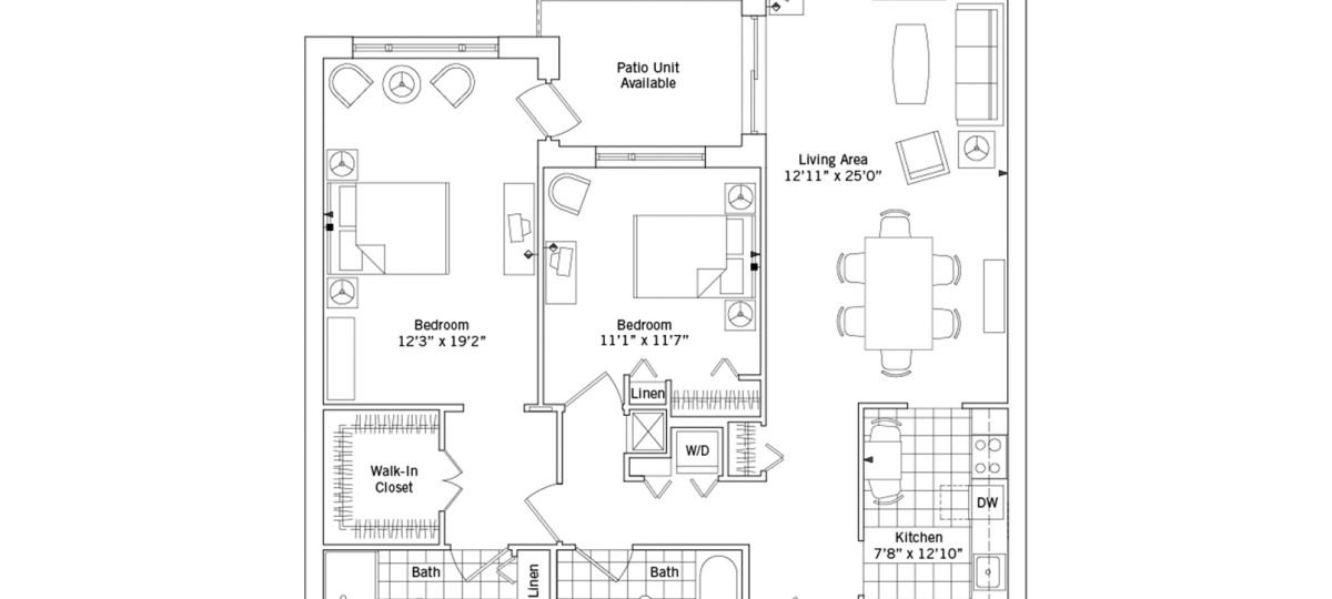 2D floor plan for the Manchester apartment at Linden Ponds Senior Living in Hingham, MA.