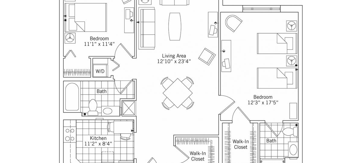 2D floor plan for the Oxford apartment at Linden Ponds Senior Living in Hingham, MA.