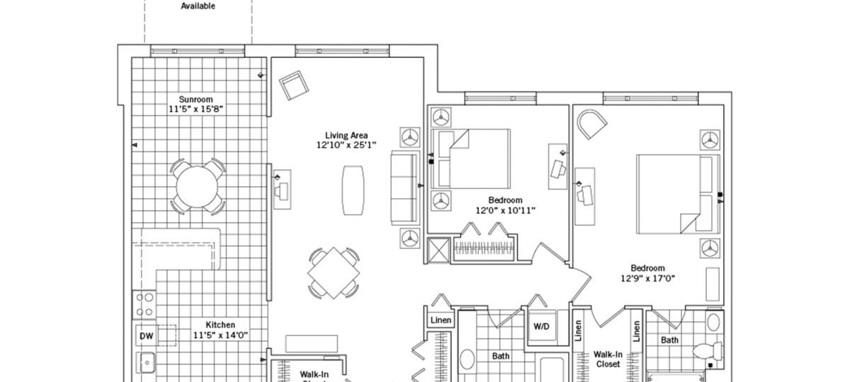 2D floor plan for the Patterson apartment at Ann's Choice Senior Living in Buck's County, PA