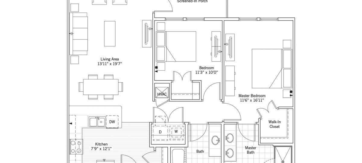 Open floor plan apartment with large window and readily accessible kitchen.