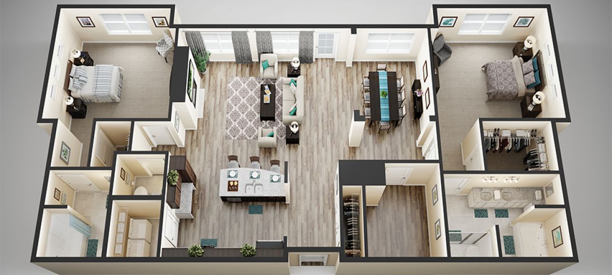 3D floor plan of the Wentworth apartment at Lantern Hill Senior Living in New Providence, NJ.