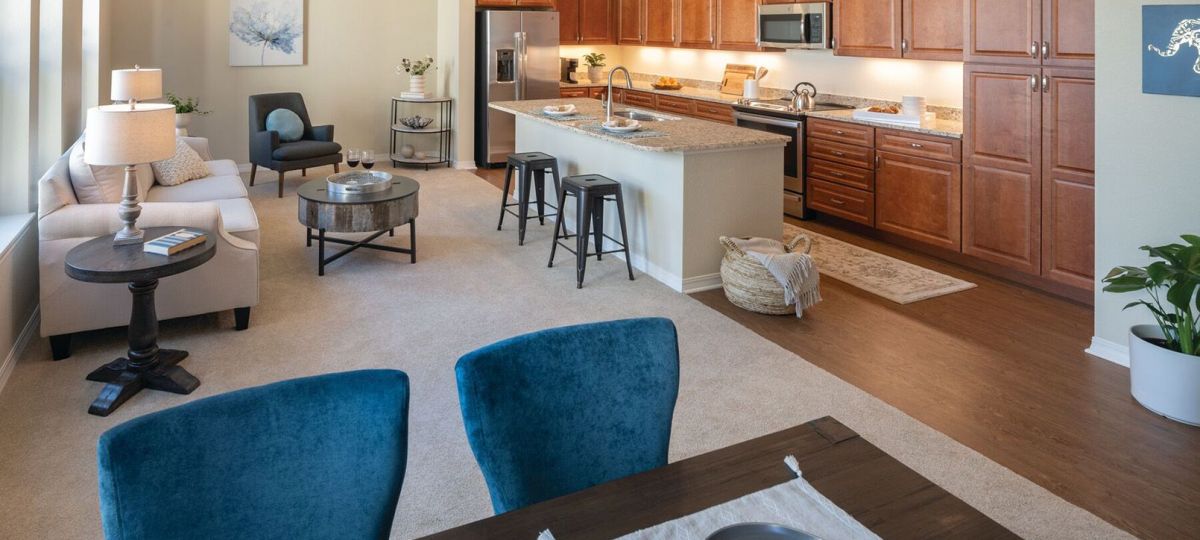 Interior shot of dining room and spacious kitchen.