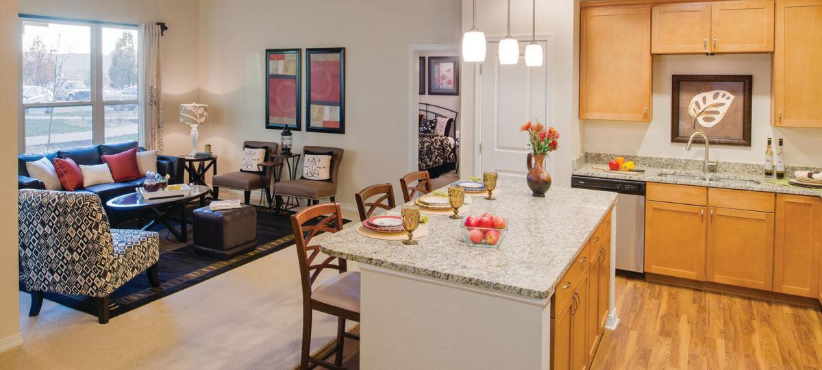 Interior shot of kitchen inside of an Erickson one-bedroom apartment home.