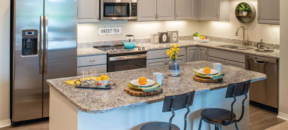 Interior shot of a bright kitchen in an Erickson one-bedroom apartment.