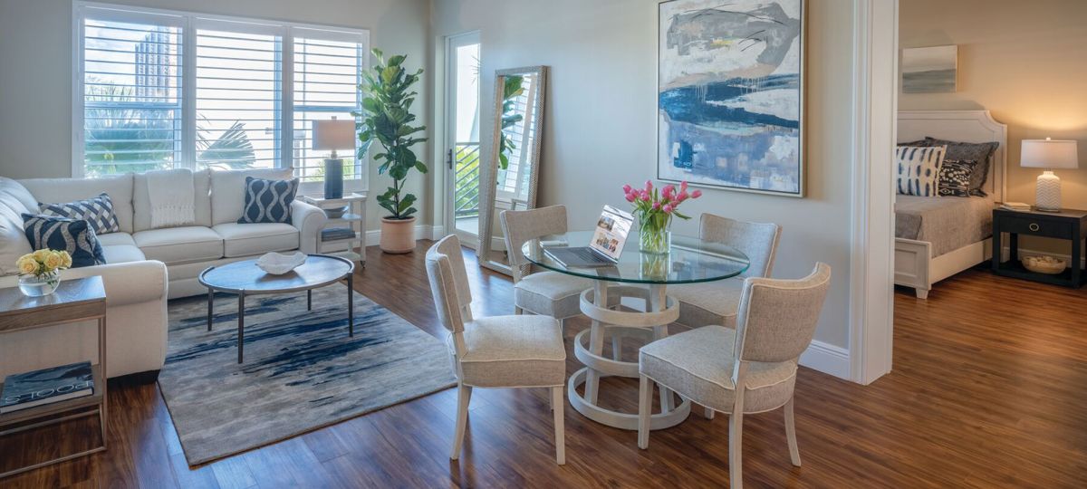 Spacious, open living room in an Erickson apartment home.
