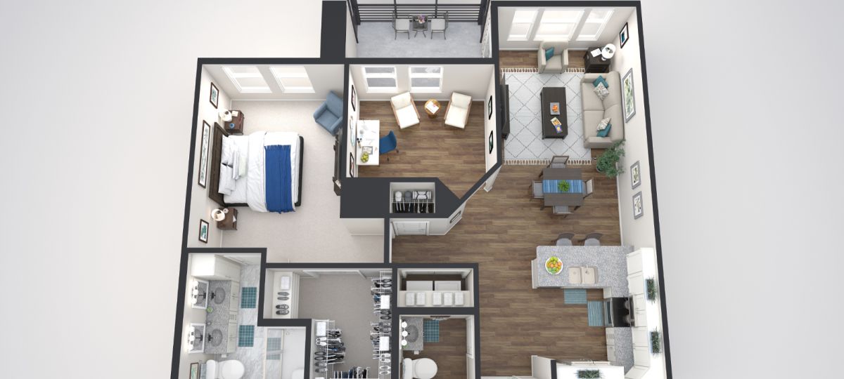 3d floorplan of the Dumont apartment at Woodleigh Chase Senior Living in Fairfax, VA.