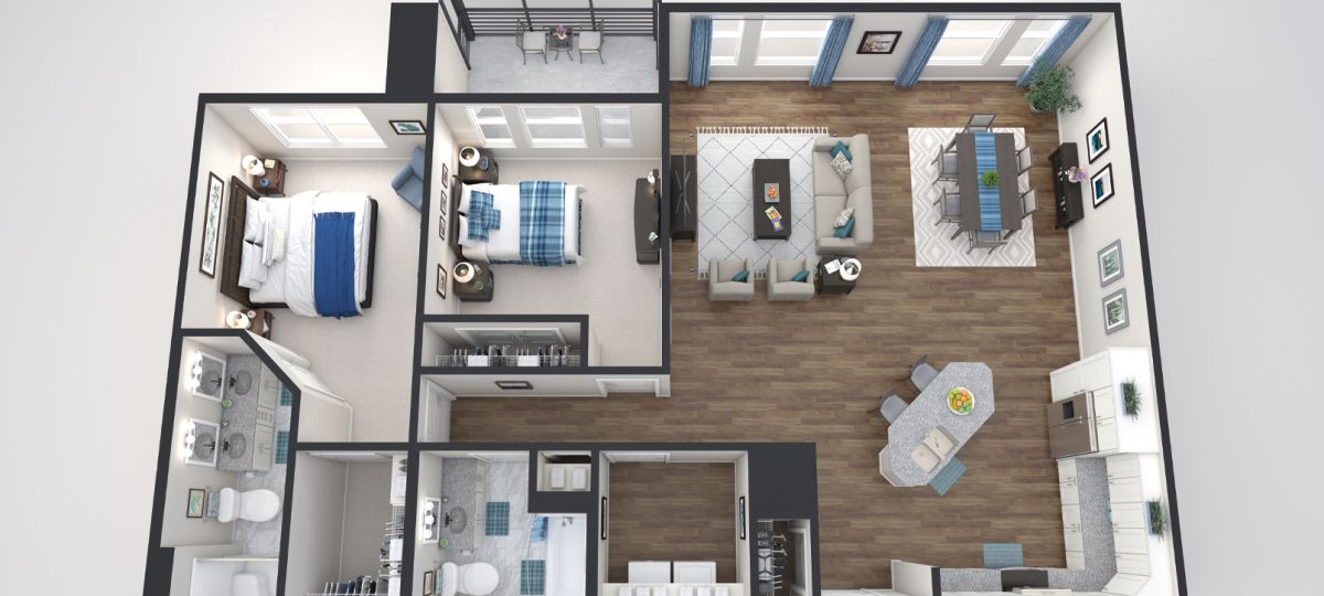 3d floorplan of the Rutherford apartment at Woodleigh Chase Senior Living in Fairfax, VA.