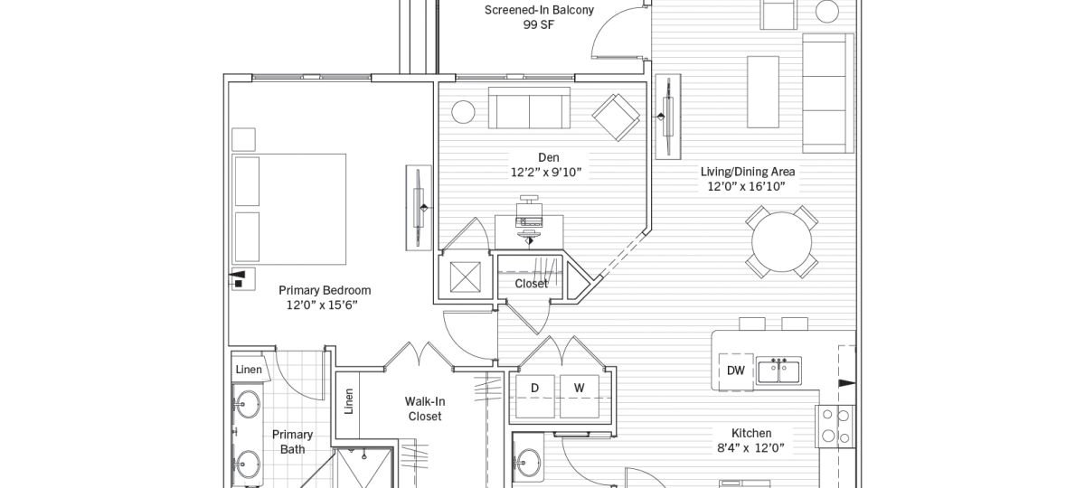 2d floorplan of the Dumont apartment at Woodleigh Chase Senior Living in Fairfax, VA.