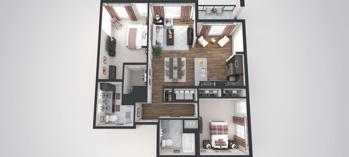 3d floorplan of the large two bedroom apartment at The Grandview Senior Living in Bethesda, MD.