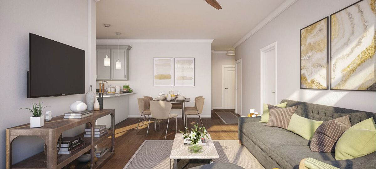 Interior shot of a nicely decorated living room in an Erickson two-bedroom apartment.
