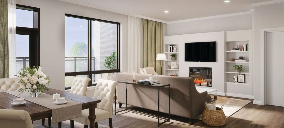 Open, light-filled living room with a balcony view of downtown Bethesda.
