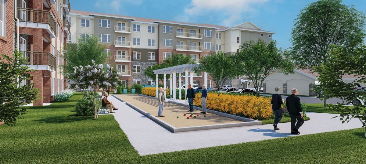 Conceptual rendering of a bocce ball court at an Erickson Senior Living community courtyard.
