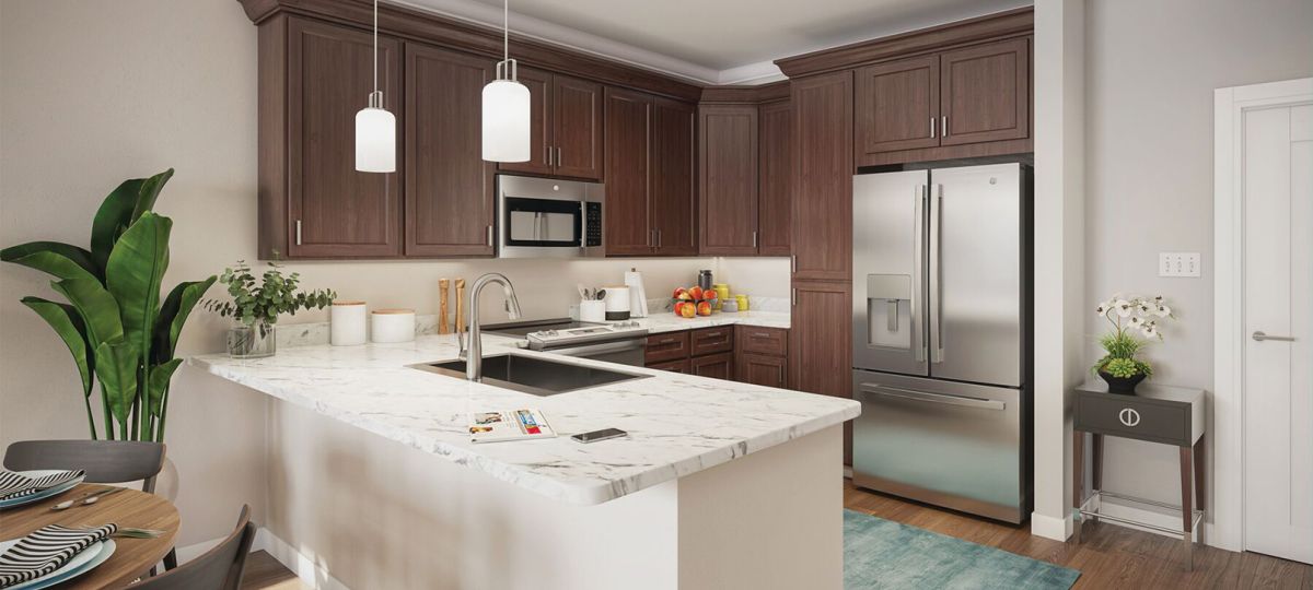 Modern and spacious apartment kitchen with sleek countertops, stainless steel appliances, and ample storage space.