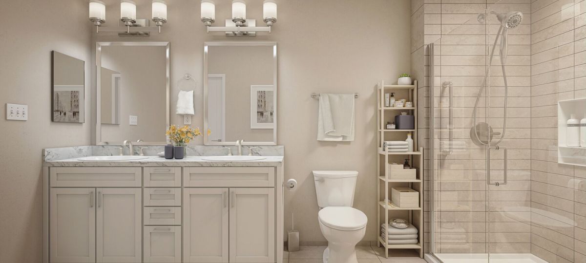Stylish and luxurious apartment bathroom with elegant fixtures, a refreshing shower, and modern amenities.