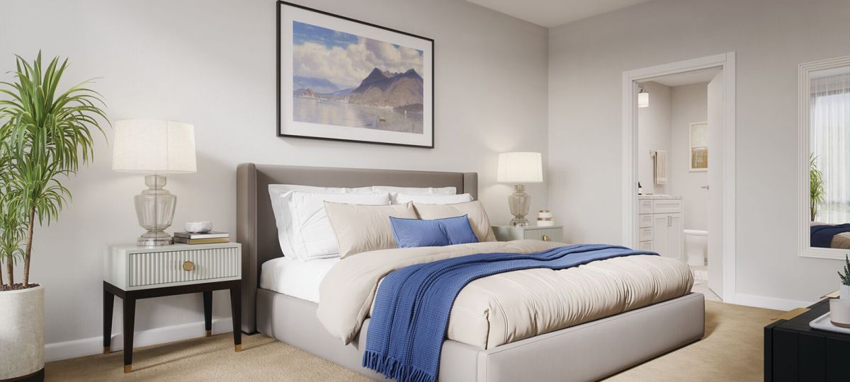 Relaxing and inviting apartment bedroom with a plush bed, soothing decor, and serene ambiance.