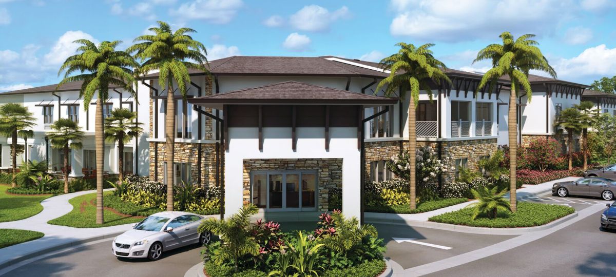 Artist rendering of the entrance to the new continued care building at Siena Lakes.