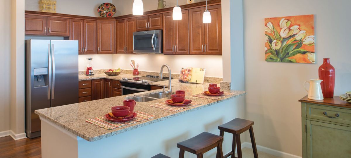 Modern and spacious apartment kitchen with sleek countertops, stainless steel appliances, and ample storage space