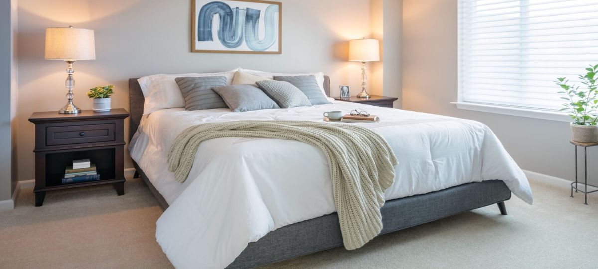Cozy bedroom in an Erickson Senior Living community apartment with modern furnishings.
