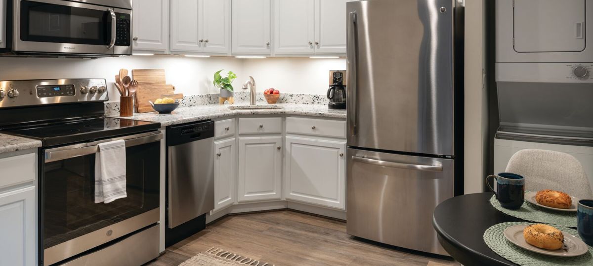 Modern and spacious apartment kitchen with sleek countertops, stainless steel appliances, and ample storage space.