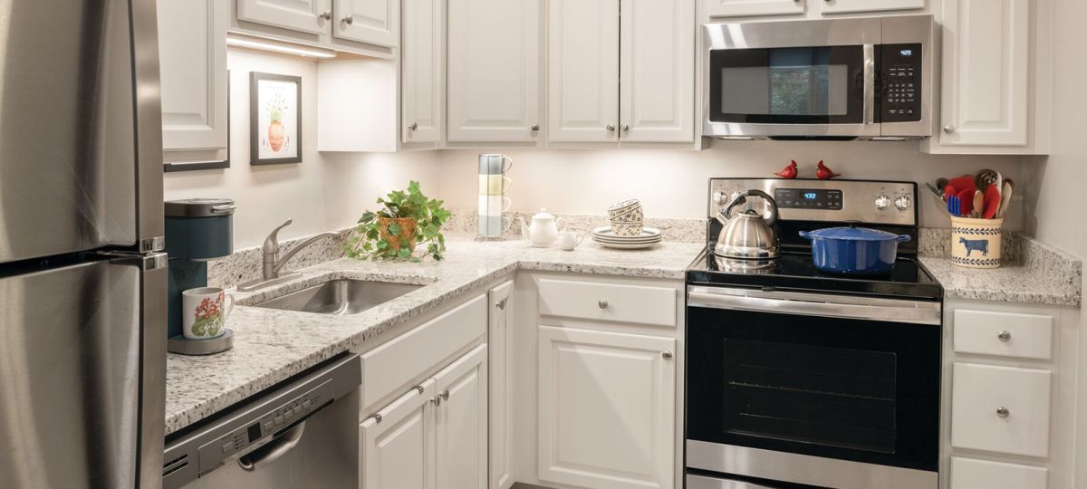Contemporary kitchen in an Erickson Senior Living apartment, showcasing sleek stainless steel appliances and stylish white cabinetry.