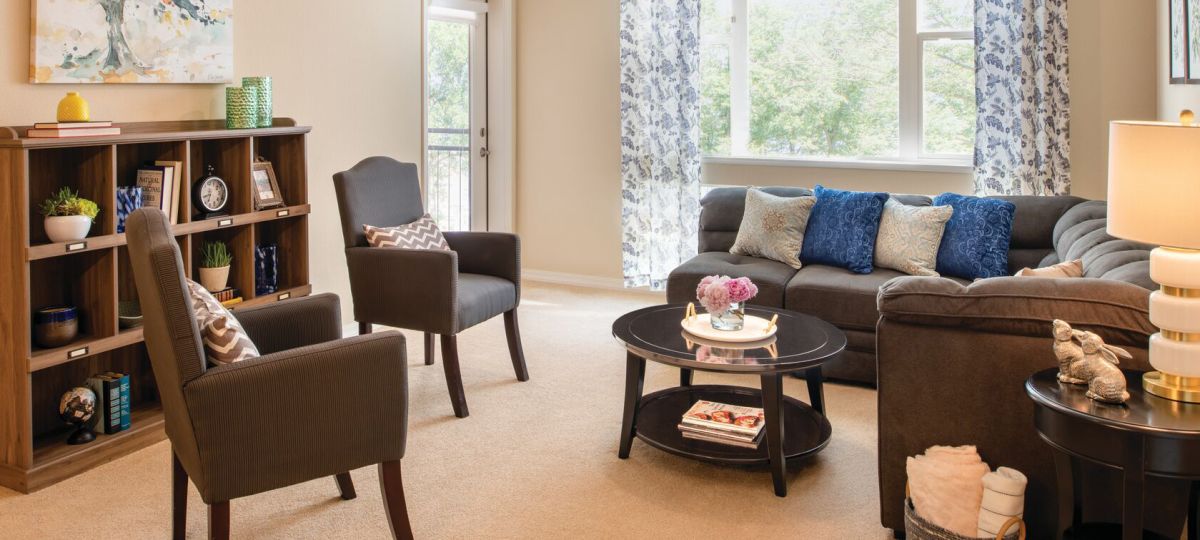 Living room of a residence with a bookcase