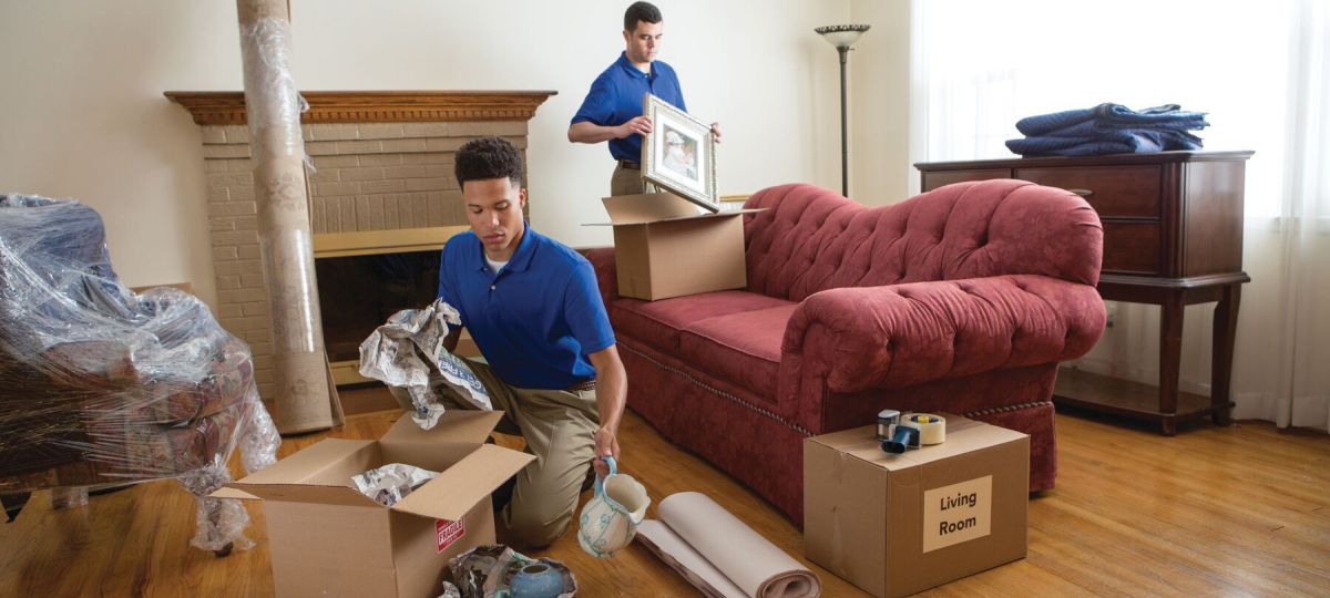 Movers packing up boxes
