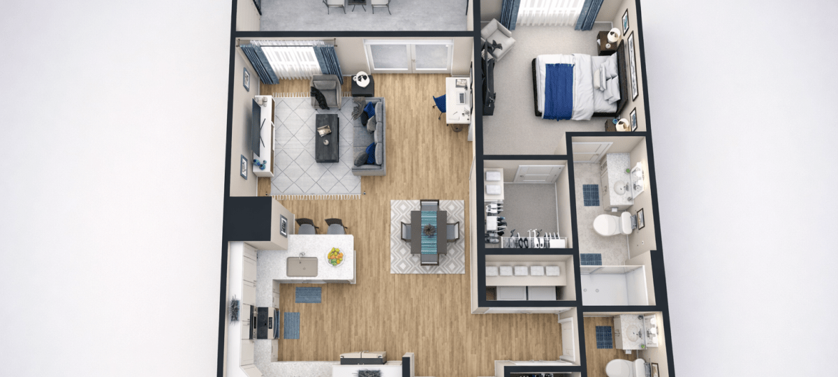 3D rendered apartment floor plan with open kitchen, living and dining area, one bedroom, two bathrooms, and balcony.