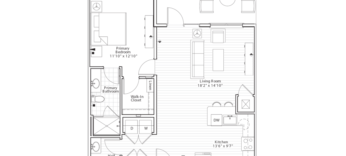 One-bedroom apartment floor plan with open living room, kitchen, primary bedroom, walk-in closet, two bathrooms, and patio.