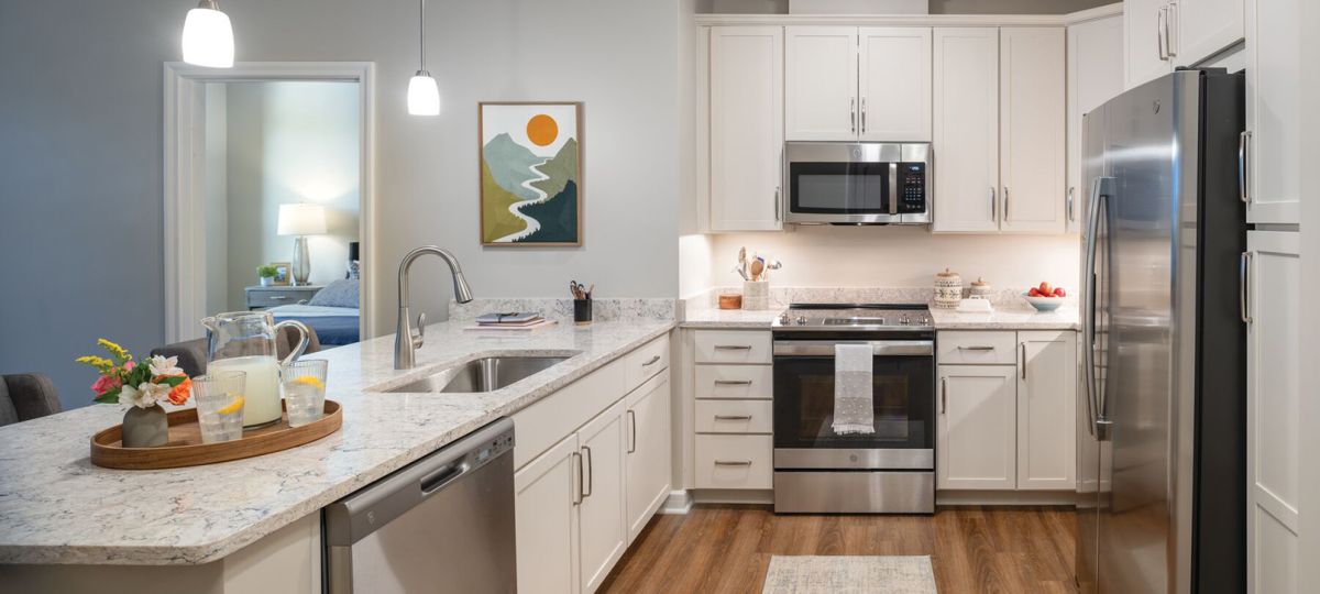 Contemporary kitchen with white cabinetry, stainless steel appliances, granite countertops, and warm wood flooring.