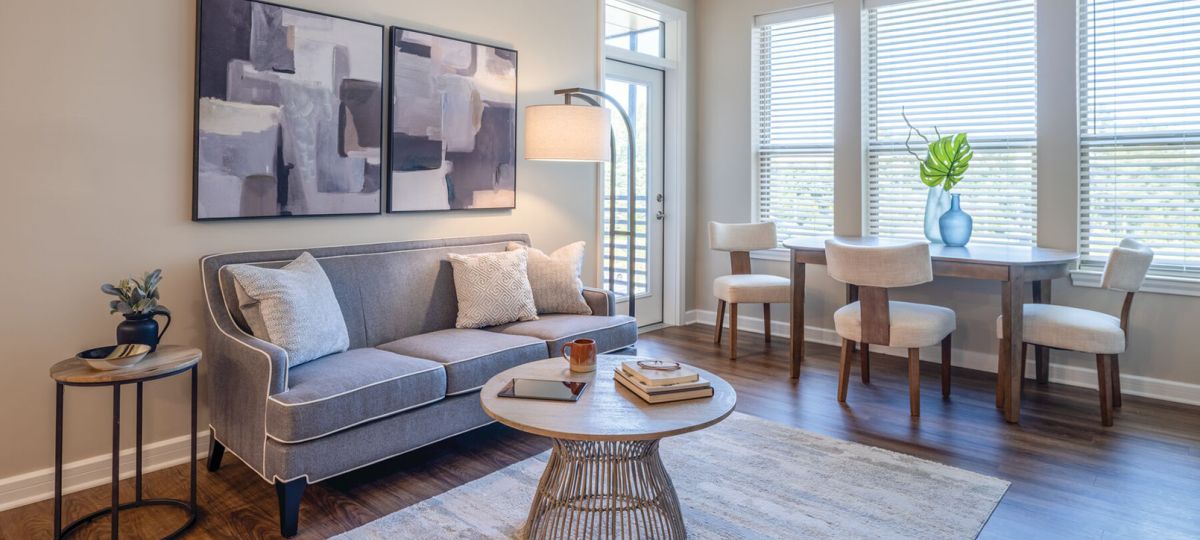 Cozy living room with gray sofa, round coffee table, large windows, and dining area with natural light.