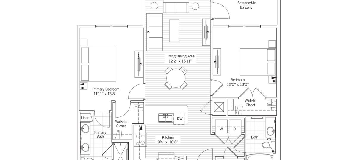 One-bedroom apartment floor plan with open living room, kitchen, primary bedroom, walk-in closet, two bathrooms, and patio.