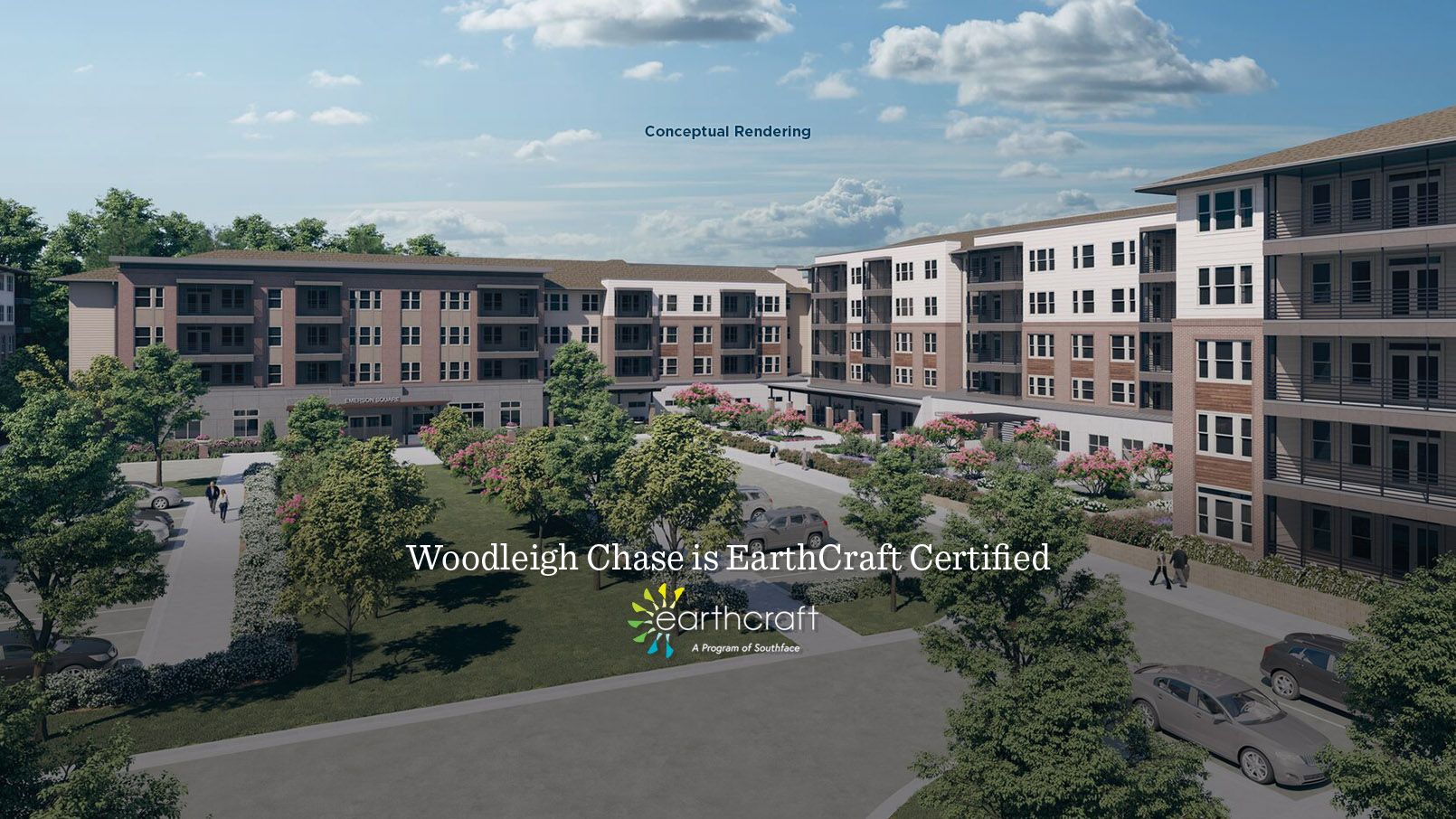 Conceptual rendering of several Woodleigh Chase community buildings and courtyard with the words Woodleigh Chase is EarthCraft certified.
