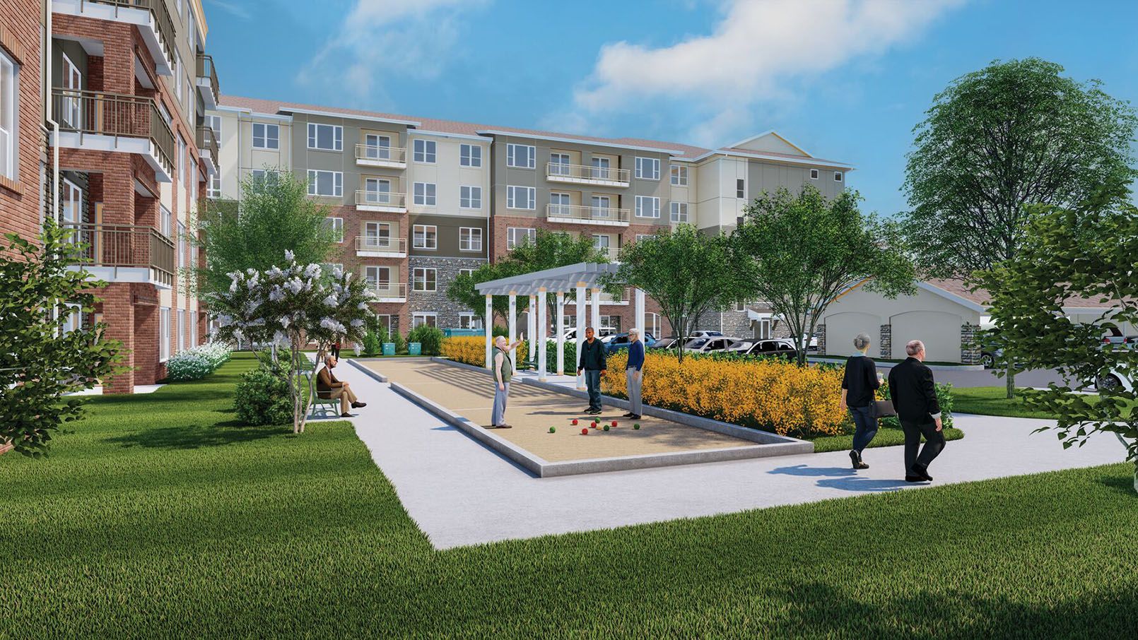 Conceptual rendering of a bocce ball court at an Erickson Senior Living community courtyard.