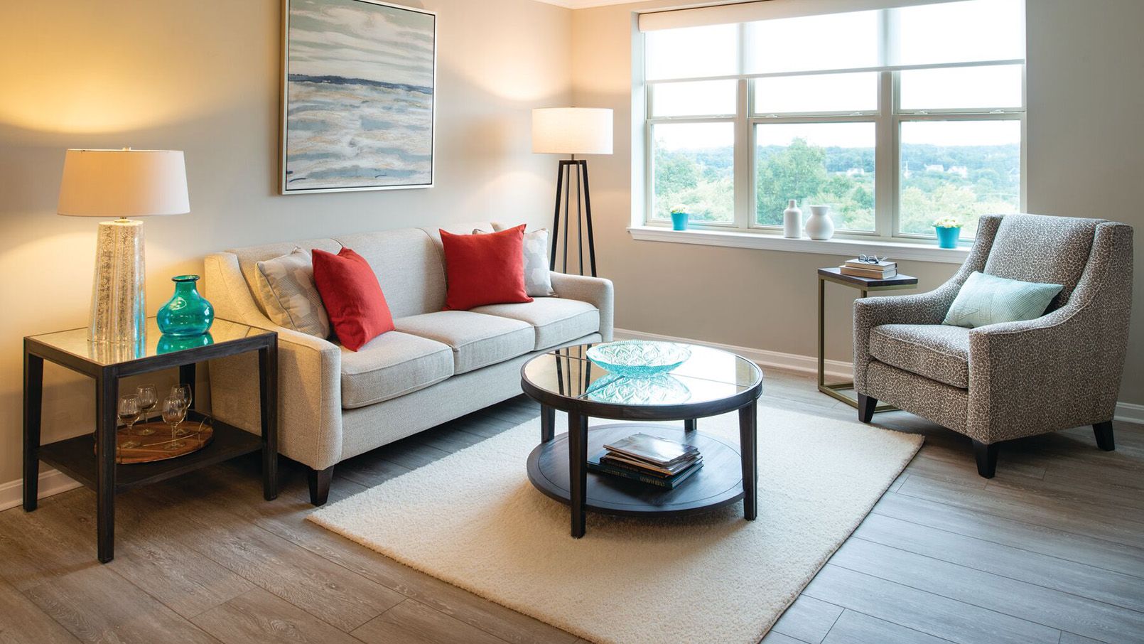 Comfortable and well-furnished living room in an Erickson Senior Living community apartment.