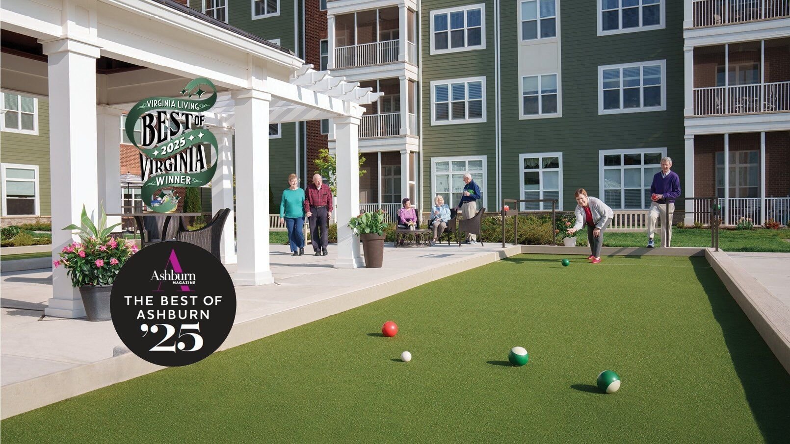 Seniors enjoy outdoor activities including bocce ball and socializing on the patio at Erickson Senior Living's Ashby Ponds community, with award badges for "Best of Virginia 2025" and "Best of Ashburn '25" displayed.