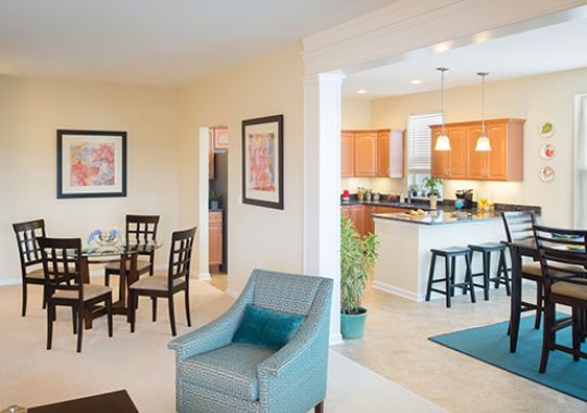 Image of the Stratford living room, kitchen, and dining room.