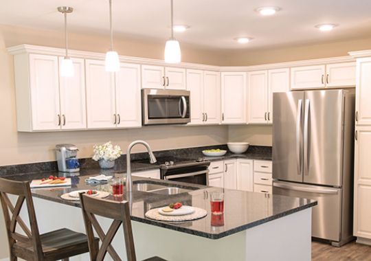 Large, open kitchen with island.