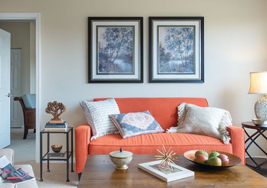 Modern, open living room with cozy seating.
