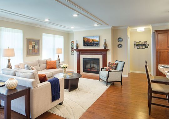 Interior shot of apartment living room and dining room.
