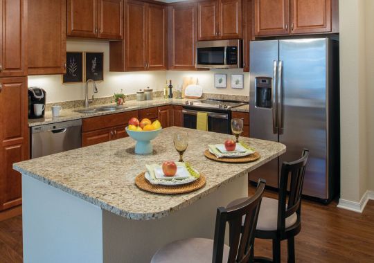 Interior shot of kitchen with stainless steel appliances inside of an Erickson two-bedroom apartment home.