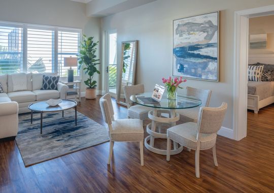 Spacious, open living room in an Erickson apartment home.