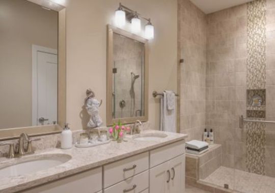 Large, bright, open bathroom in an Erickson apartment.