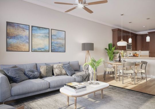 Spacious, open living room in an Erickson apartment home.