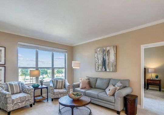 Interior shot of a nicely decorated living room in an Erickson one-bedroom apartment.