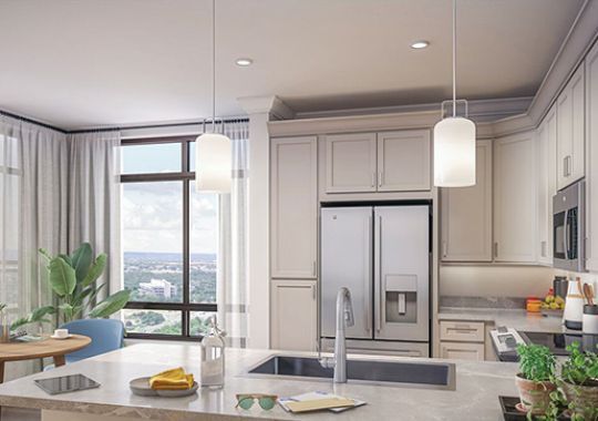 Interior shot of kitchen inside of an Erickson two-bedroom apartment home.