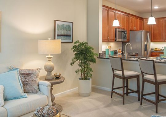 Wide angle shot of a spacious, open living room and dining area in an Erickson apartment.